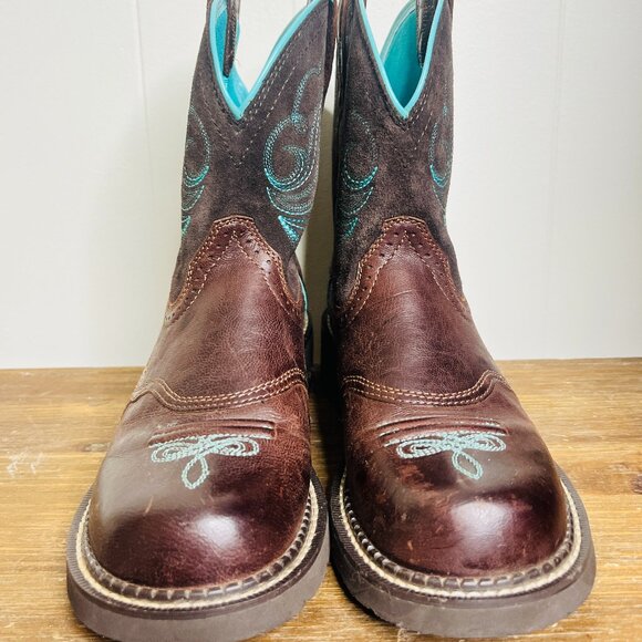 Ariat Women's 7.5 Fatbaby Heritage Dapper Western Boots Round Toe Chocolate Turq - Picture 2 of 10